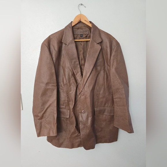 STAFFORD BLAZER MEN BROWN LEATHER CLASSIC LUXURY JACKET SPORT COAT XL *read* - Picture 1 of 15